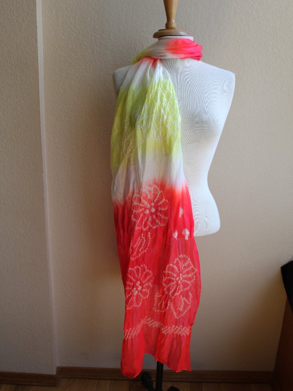 98X17" Japanese Silk Shibori Scarf Bright Pink Neon Yellow White